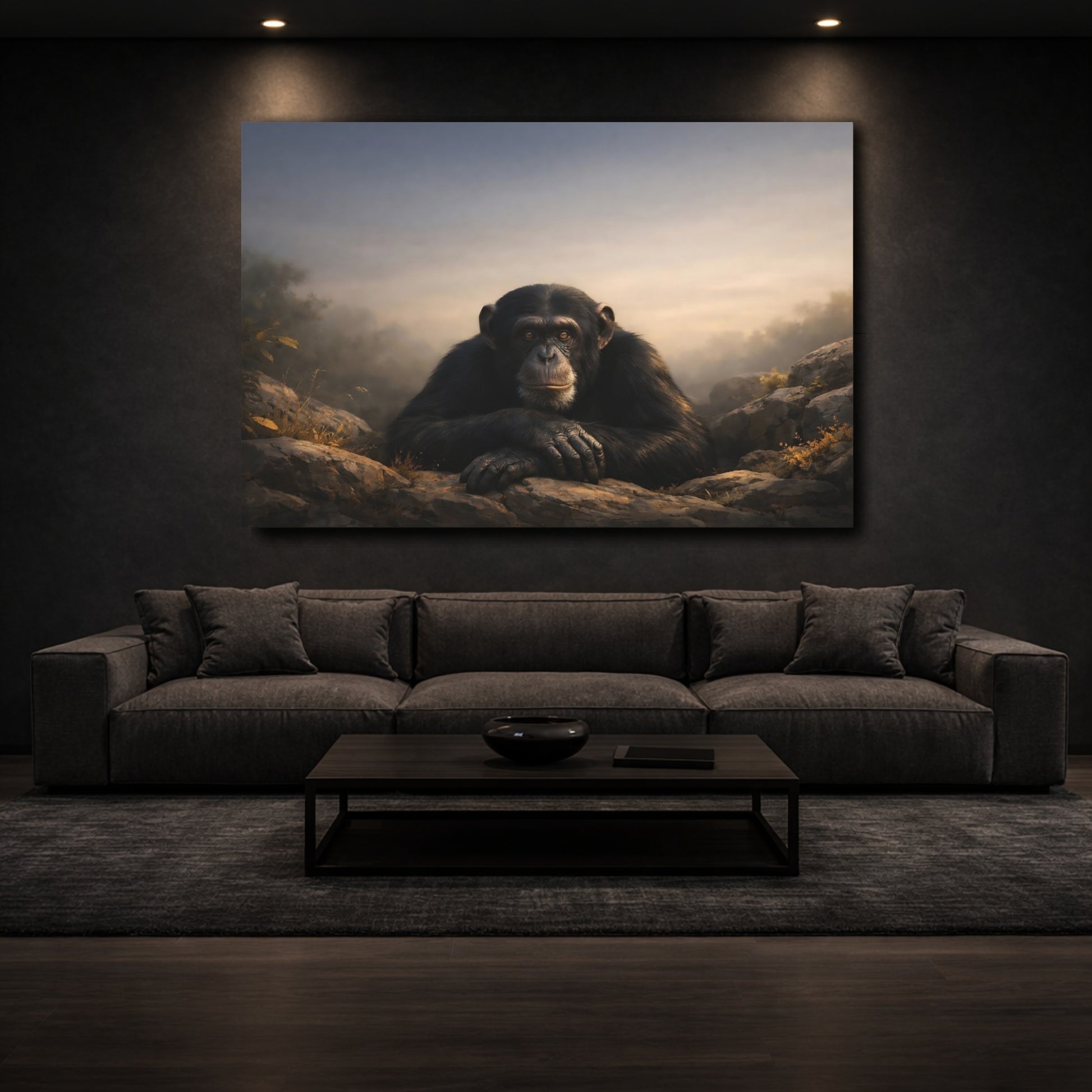 Mockup 2. Animals Chimpanzee Chimpanzee Black Gray shown as stretched canvas wall art