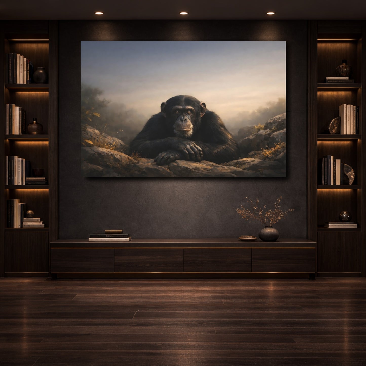 Mockup 3. Animals Chimpanzee Chimpanzee Black Gray shown as stretched canvas wall art