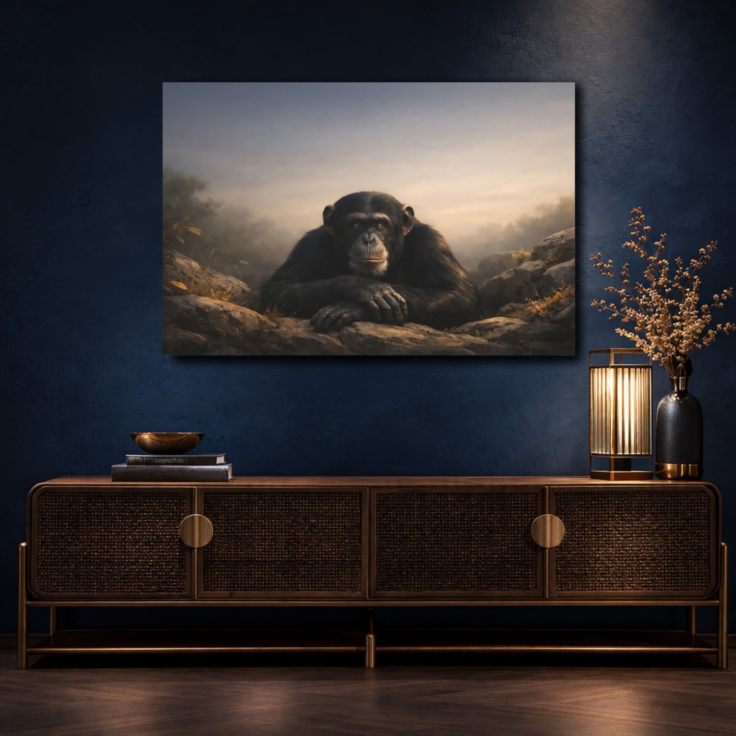 Mockup 4. Animals Chimpanzee Chimpanzee Black Gray shown as stretched canvas wall art