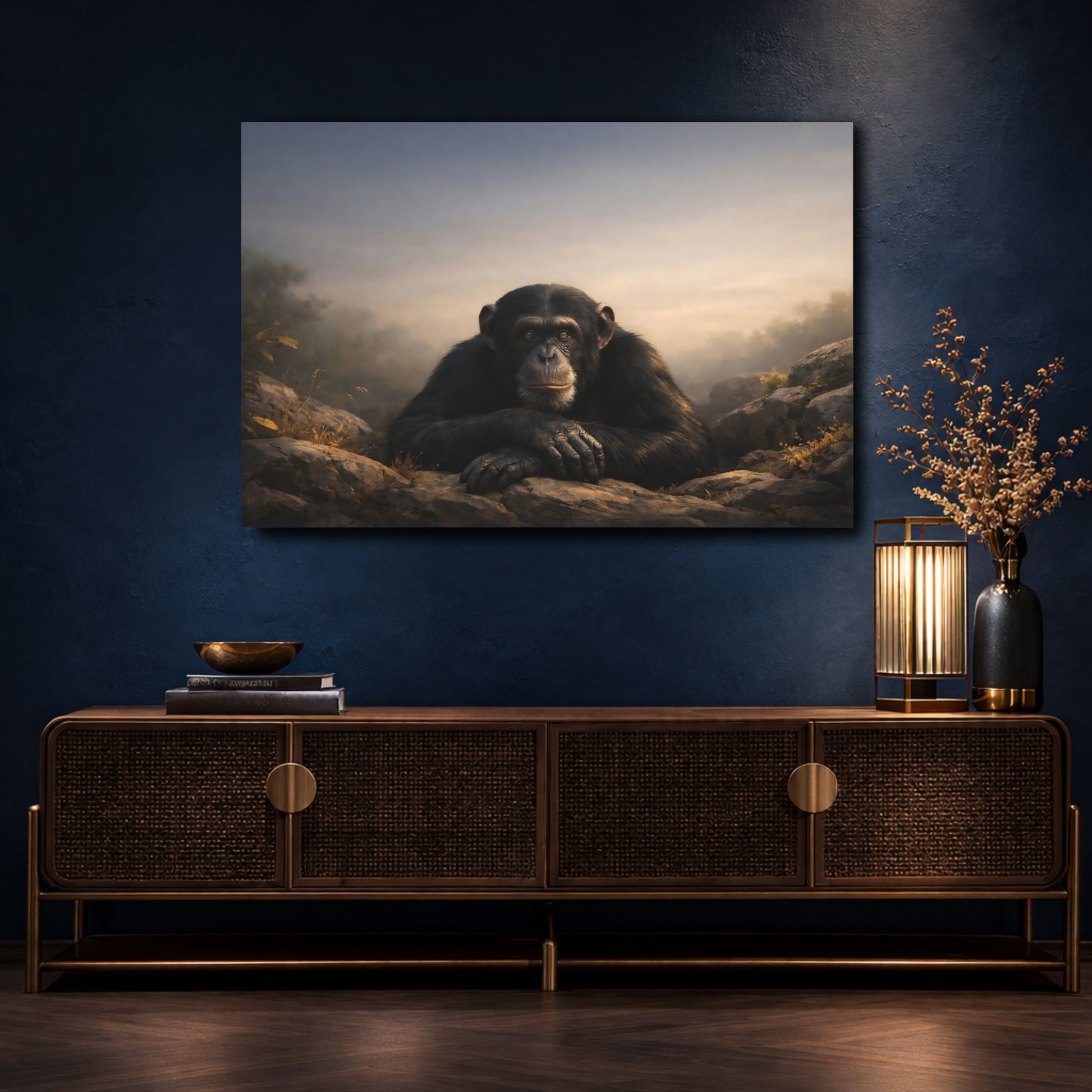 Mockup 4. Animals Chimpanzee Chimpanzee Black Gray shown as stretched canvas wall art