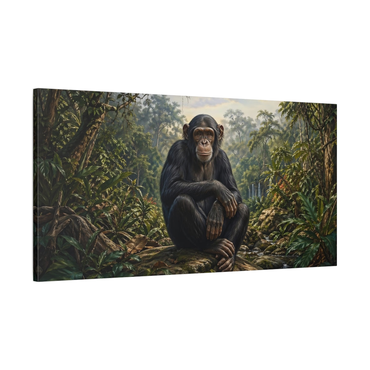 Main Mockup. Animals Chimpanzee Green Jungle shown as stretched canvas wall art