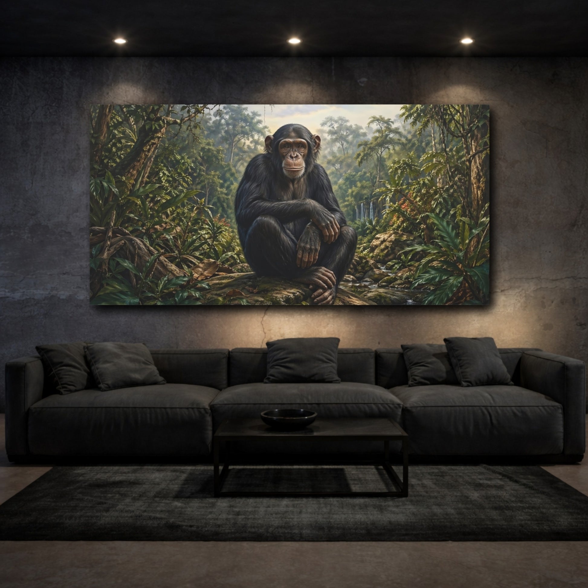Mockup 2. Animals Chimpanzee Green Jungle shown as stretched canvas wall art