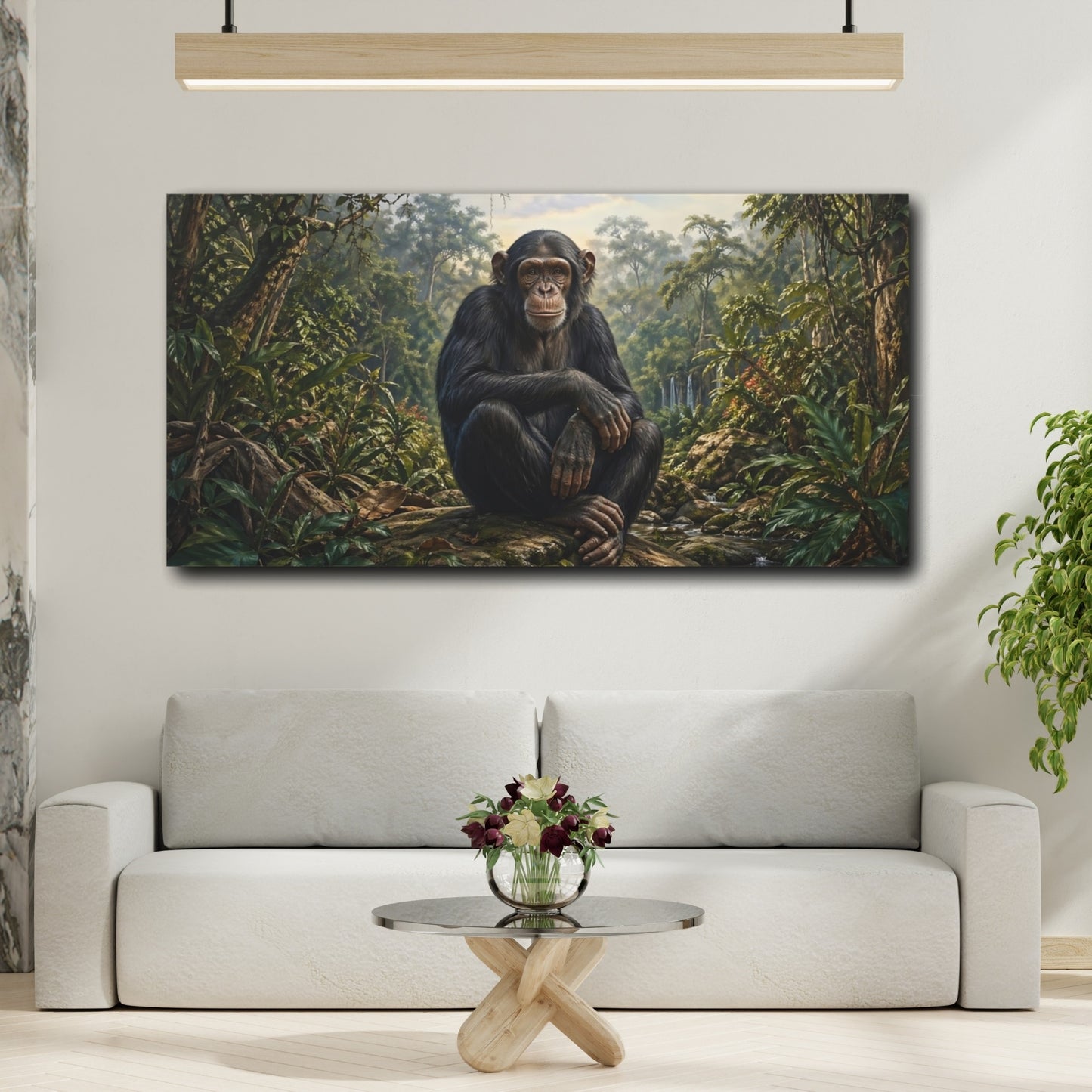 Mockup 3. Animals Chimpanzee Green Jungle shown as stretched canvas wall art