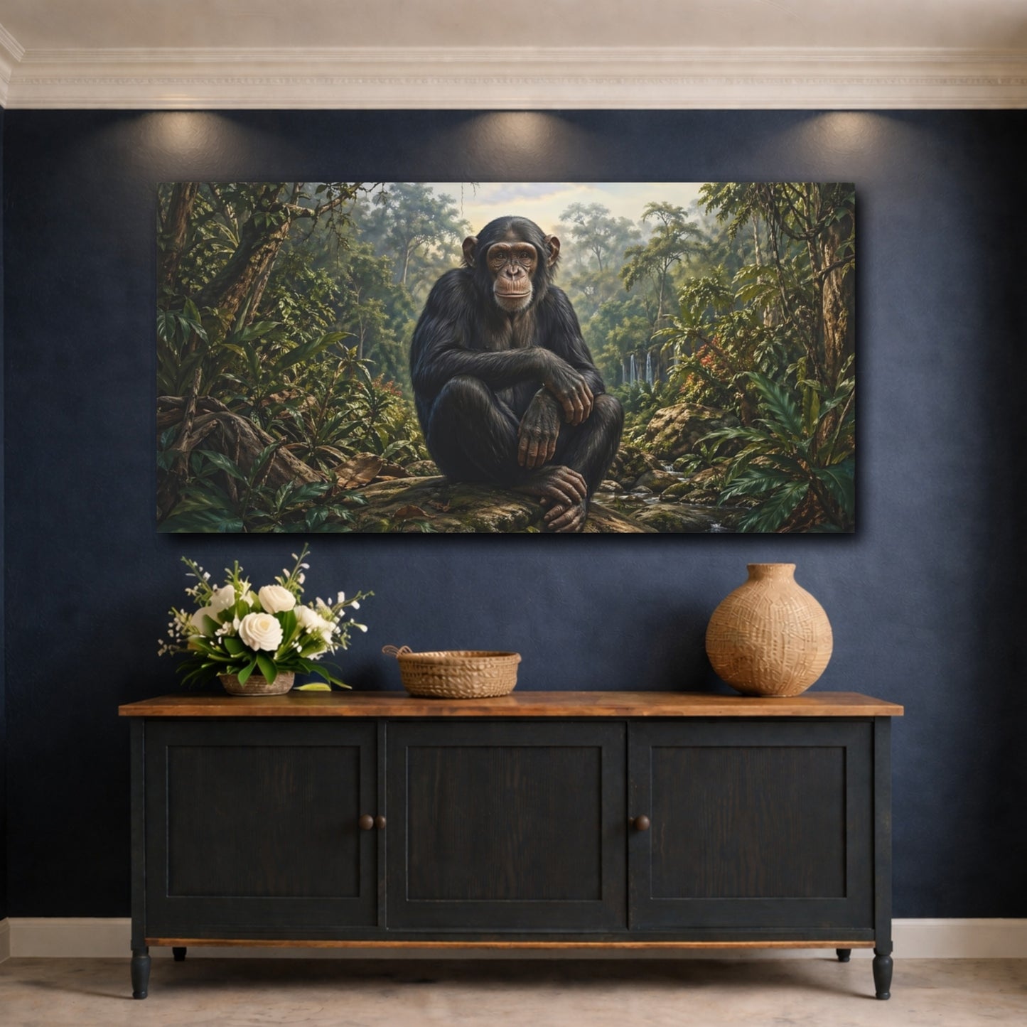 Mockup 4. Animals Chimpanzee Green Jungle shown as stretched canvas wall art