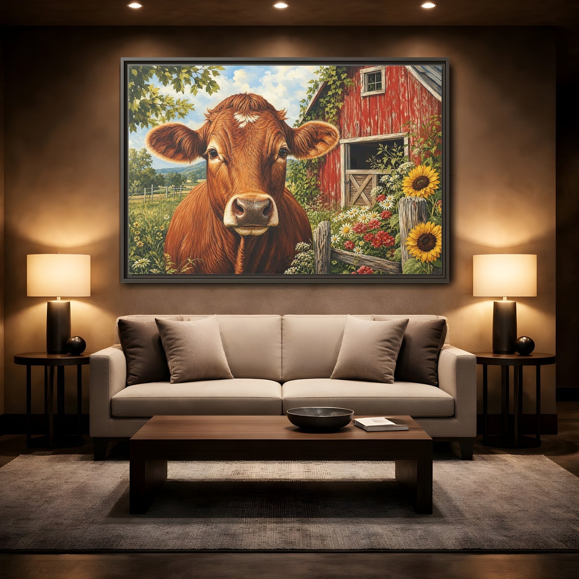 Mockup 2. Animals Cow Brown Cow Farm shown as stretched canvas wall art