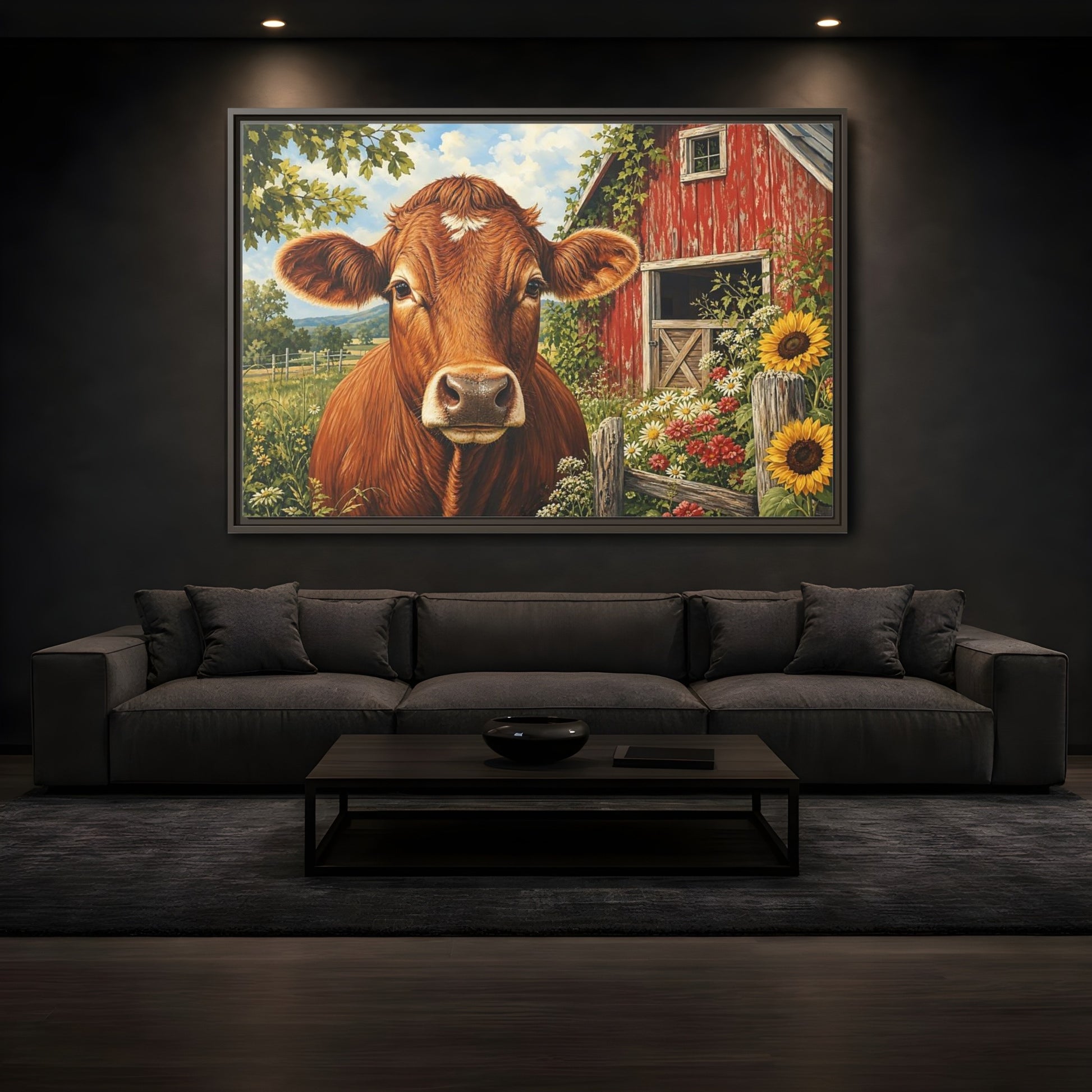 Mockup 3. Animals Cow Brown Cow Farm shown as stretched canvas wall art