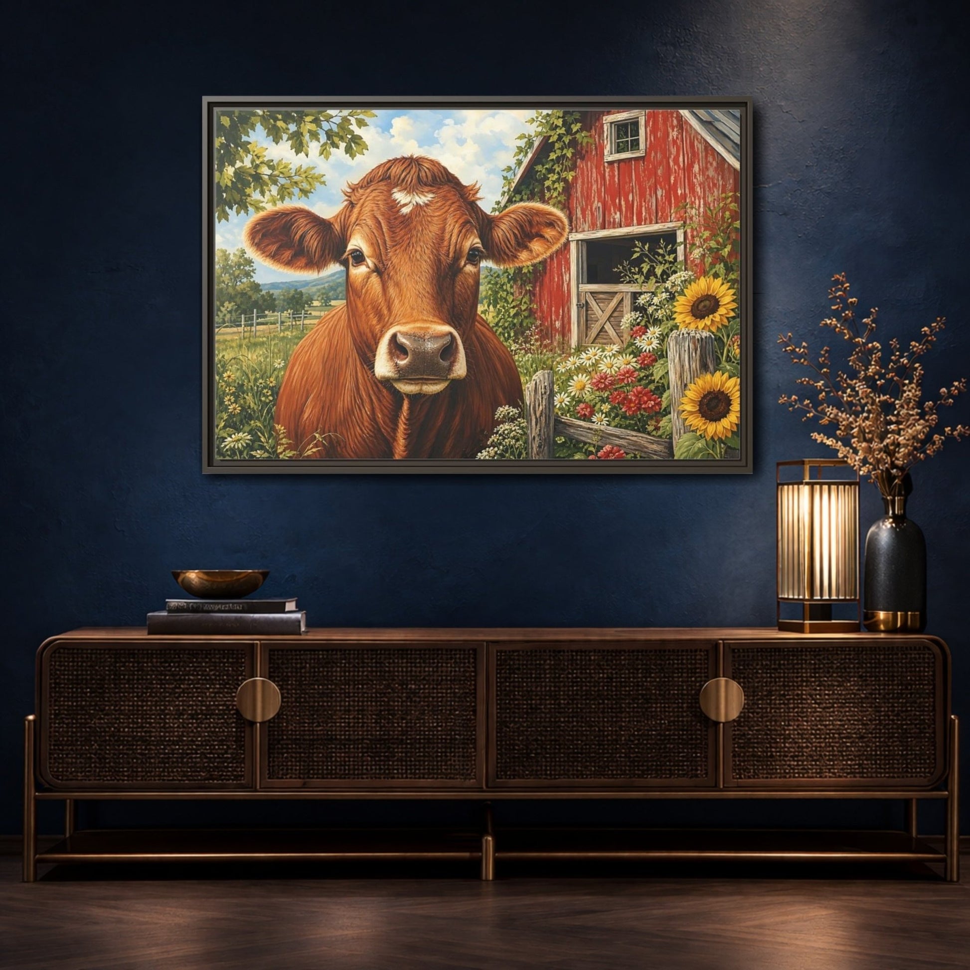 Animals Cow Brown Farm Framed Canvas Wall Art Print – realistic Living Room, Above Sofa - YesArtYes