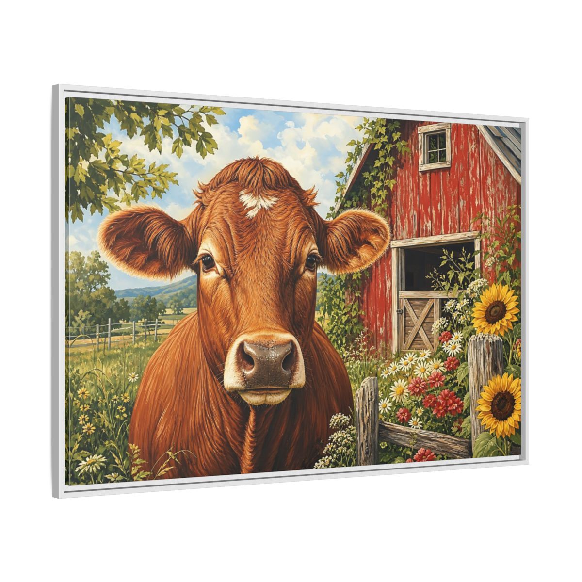 Side Mockup 7. Animals Cow Brown Cow Farm shown as stretched canvas wall art