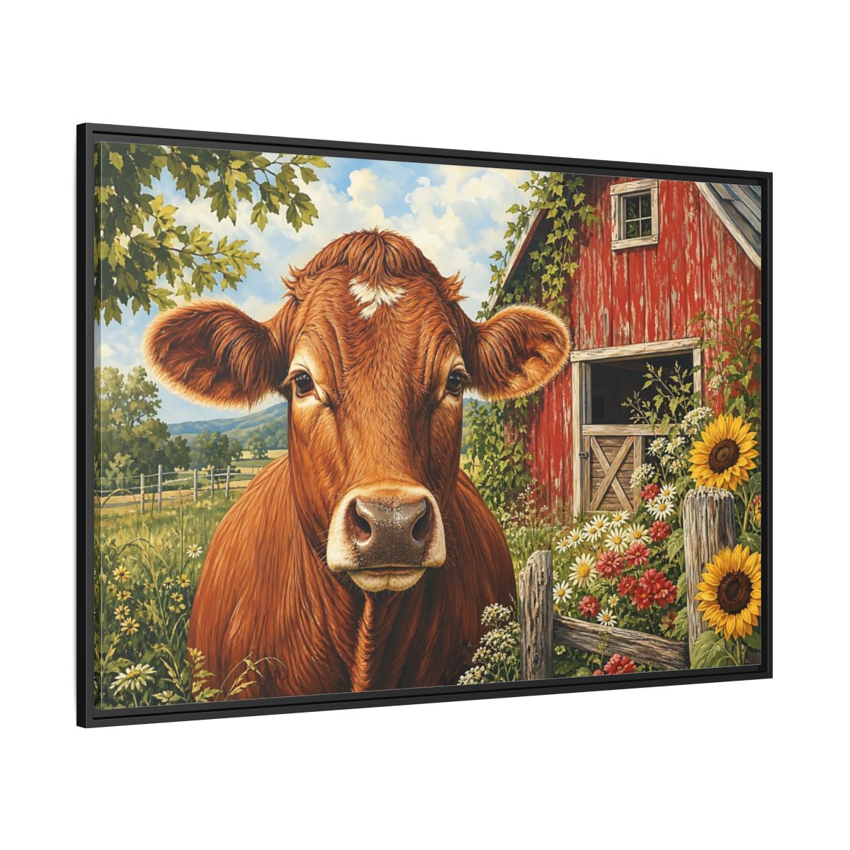 Side Mockup 12. Animals Cow Brown Cow Farm shown as stretched canvas wall art
