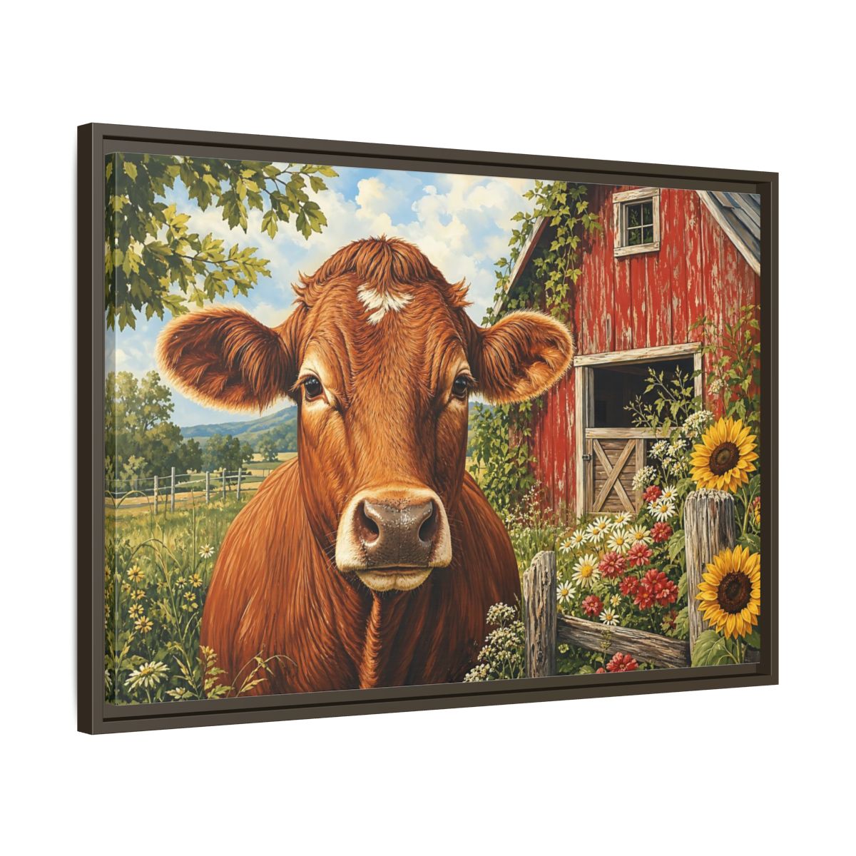 Side Mockup 11. Animals Cow Brown Cow Farm shown as stretched canvas wall art
