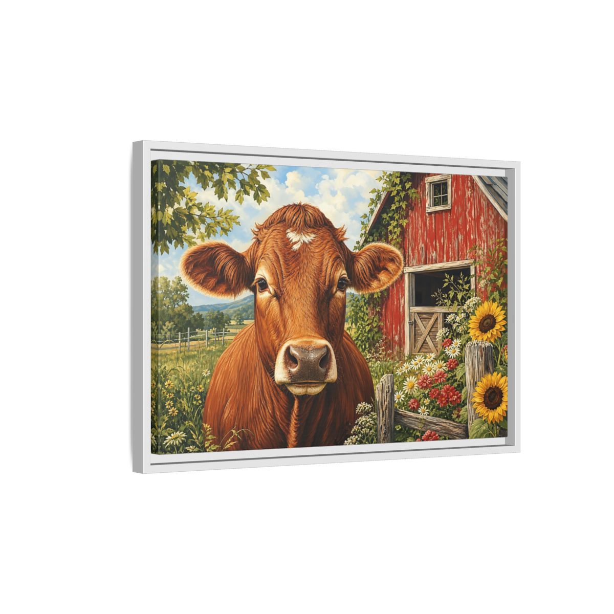 Side Mockup 1. Animals Cow Brown Cow Farm shown as stretched canvas wall art