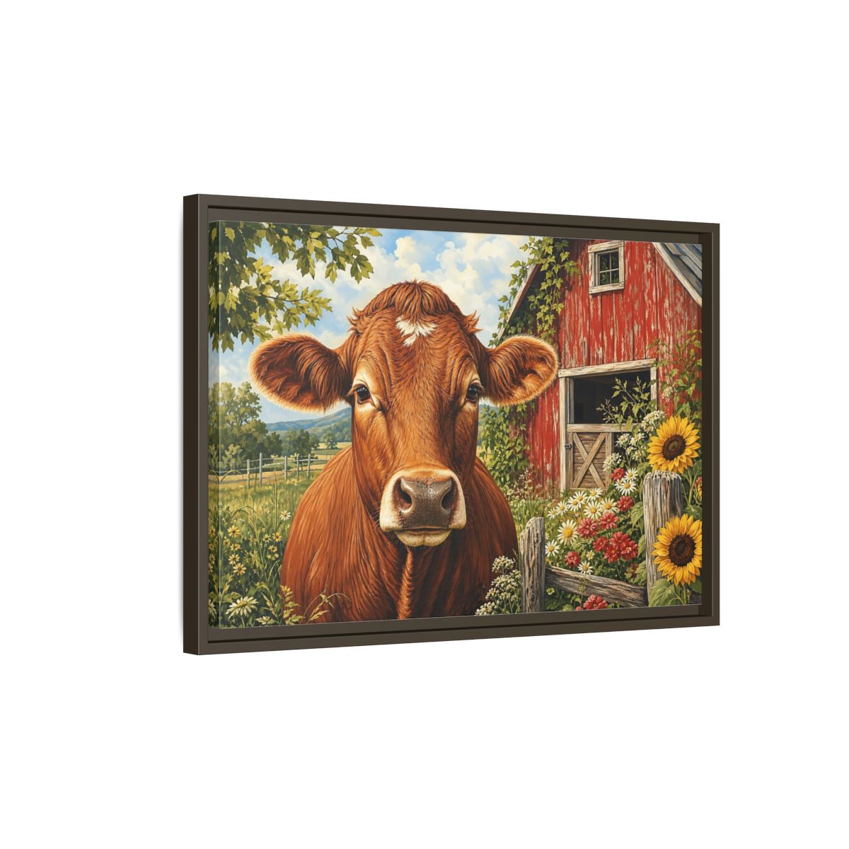 Side Mockup 2. Animals Cow Brown Cow Farm shown as stretched canvas wall art