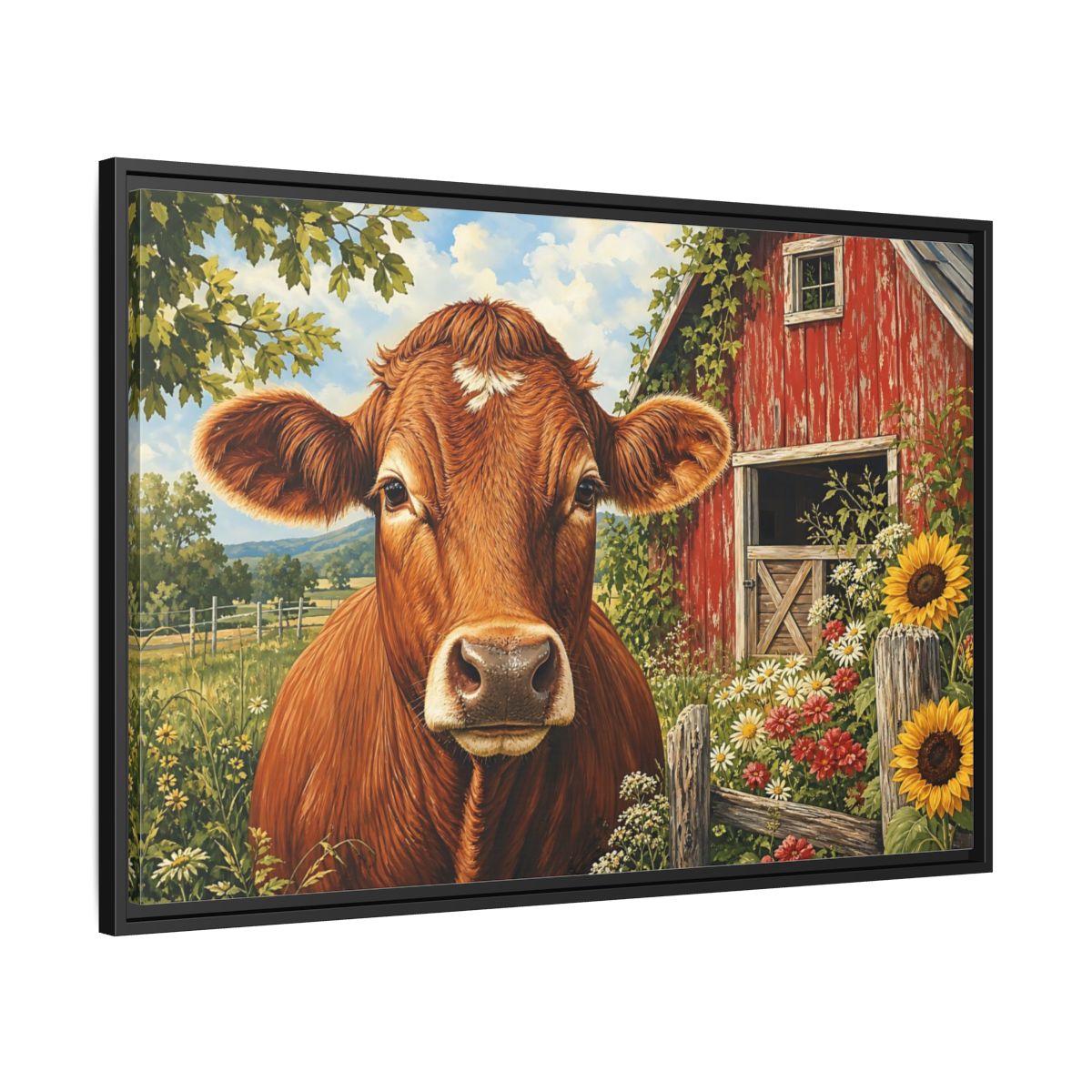 Side Mockup 13. Animals Cow Brown Cow Farm shown as stretched canvas wall art