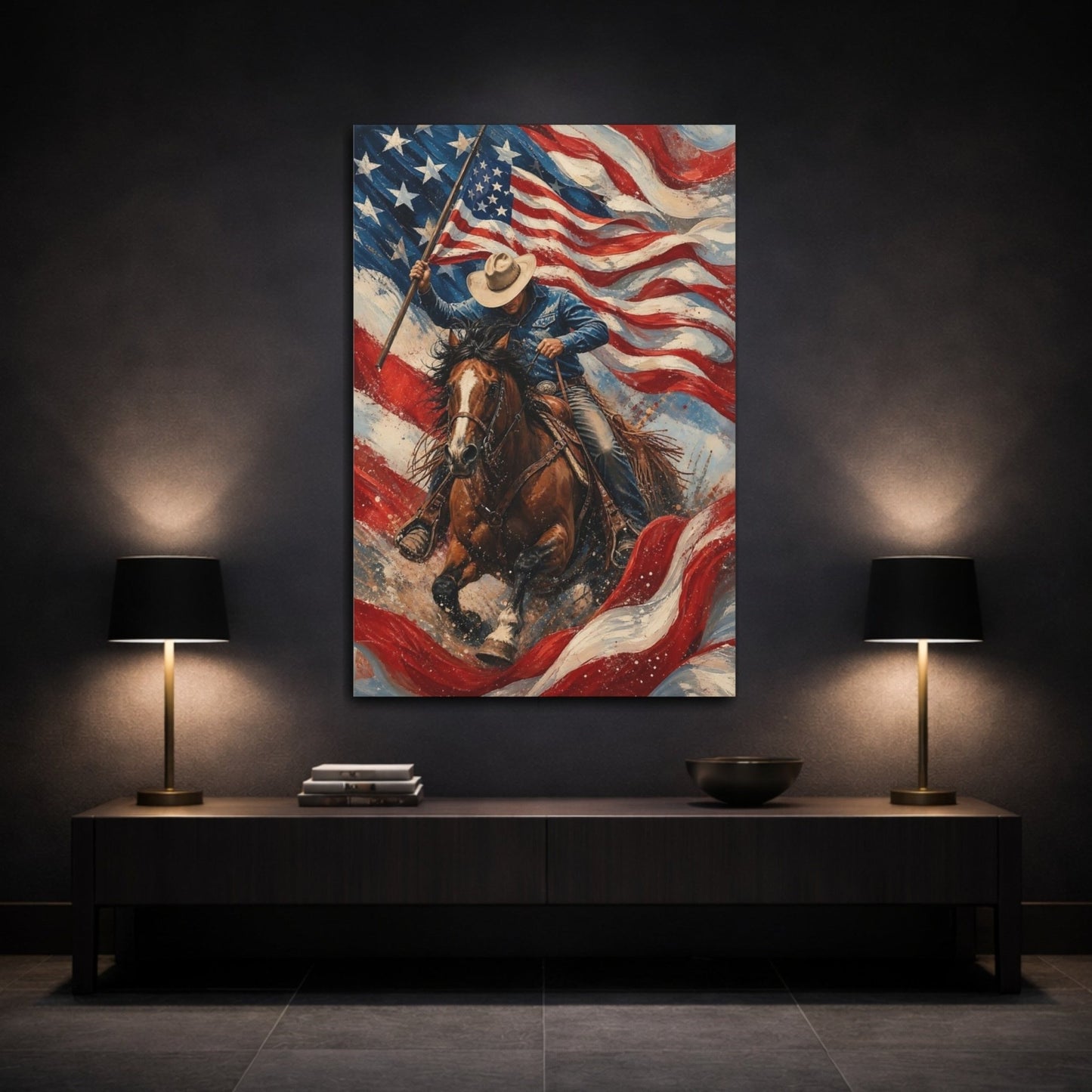 Animals Cowboy Horse American Canvas Print – Textured Living Room, Above Fireplace - YesArtYes
