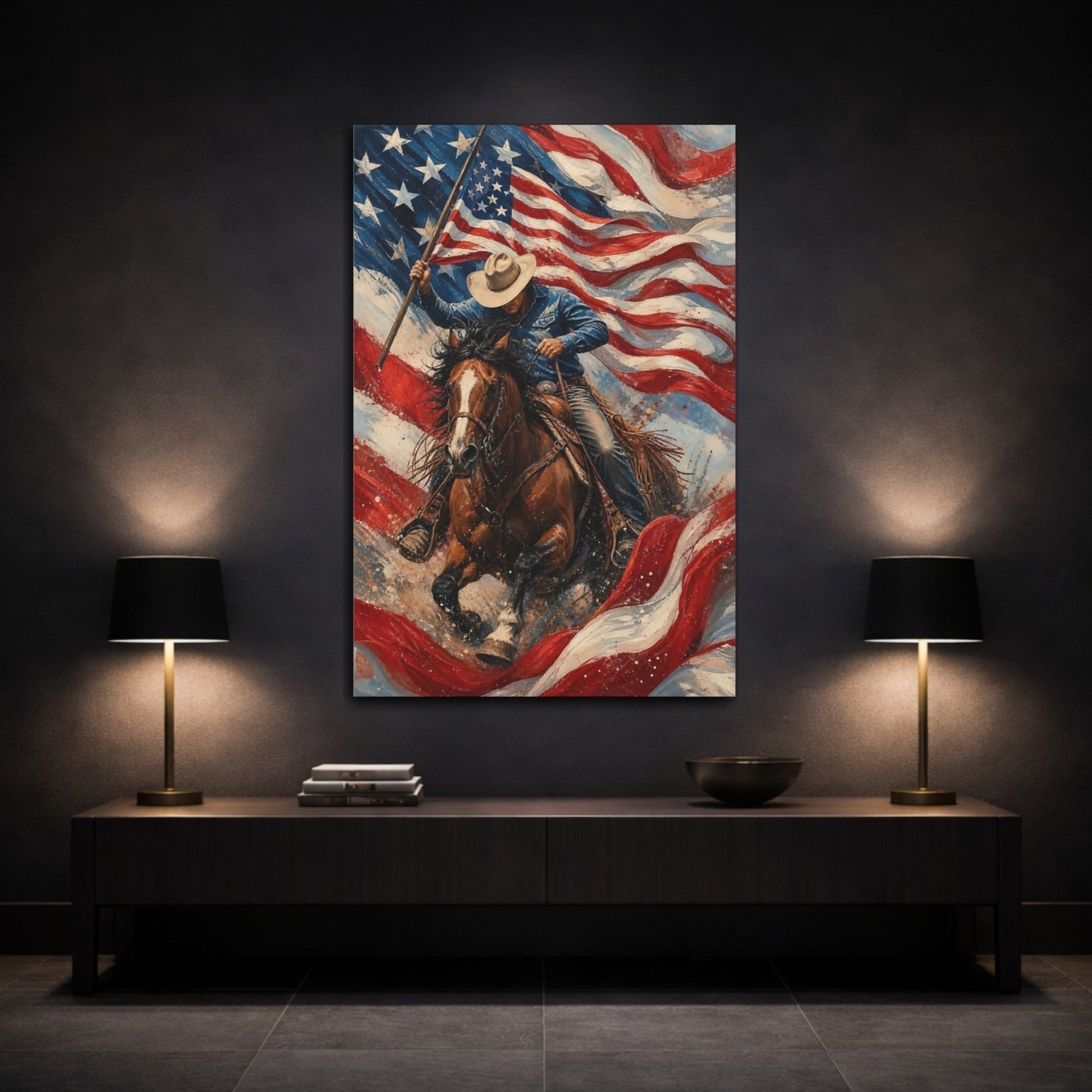 Animals Cowboy Horse American Canvas Print – Textured Living Room, Above Fireplace - YesArtYes