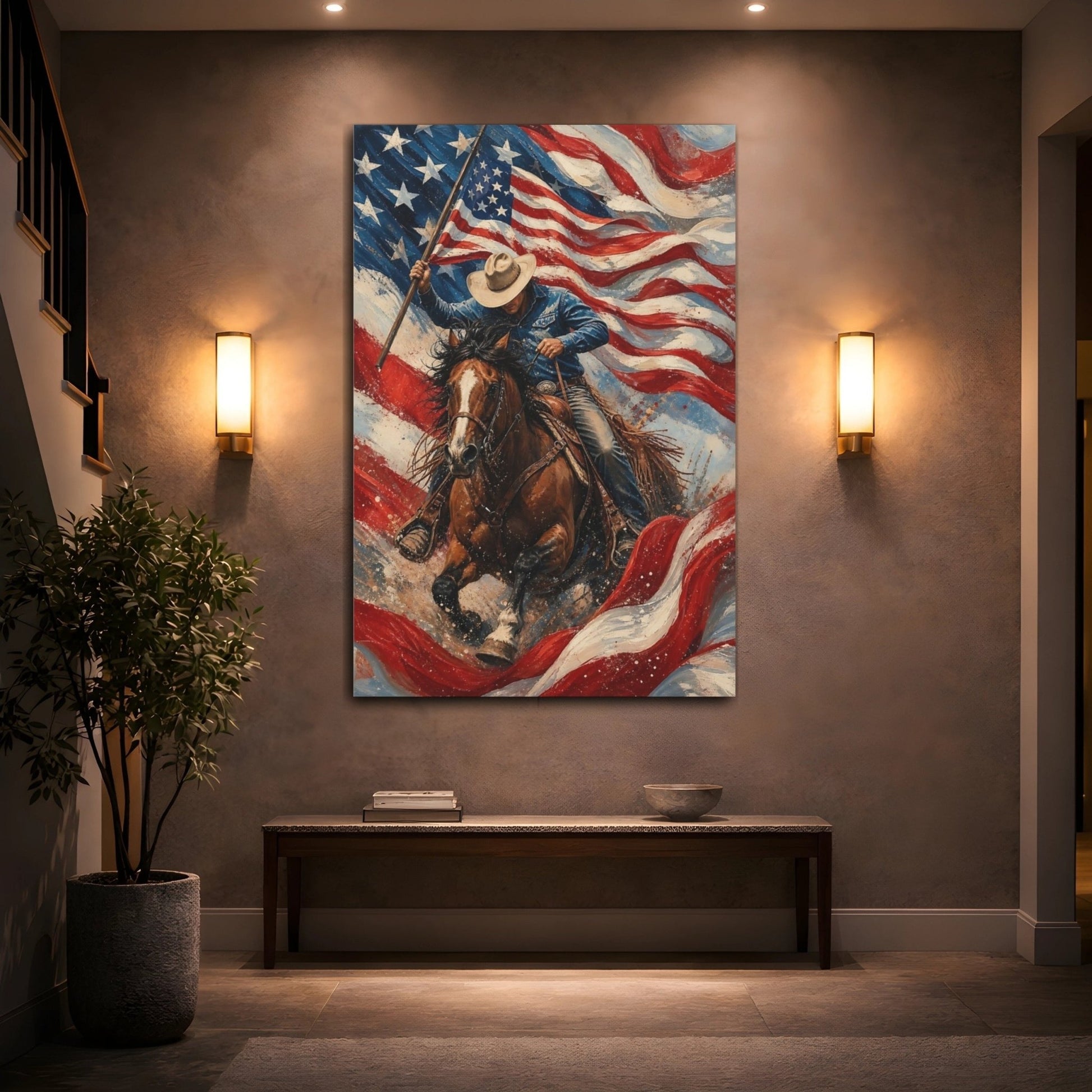 Animals Cowboy Horse American Canvas Print – Textured Living Room, Above Fireplace - YesArtYes