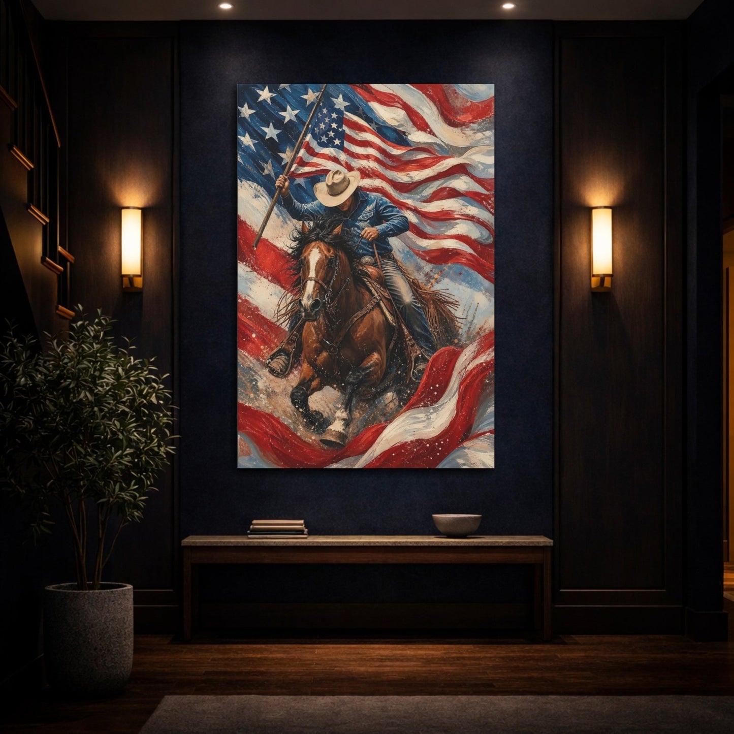 Animals Cowboy Horse American Canvas Print – Textured Living Room, Above Fireplace - YesArtYes
