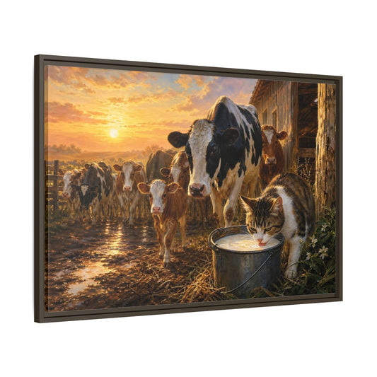 Main Mockup. Animals Cows And Cat Golden Farm Animals shown as stretched canvas wall art