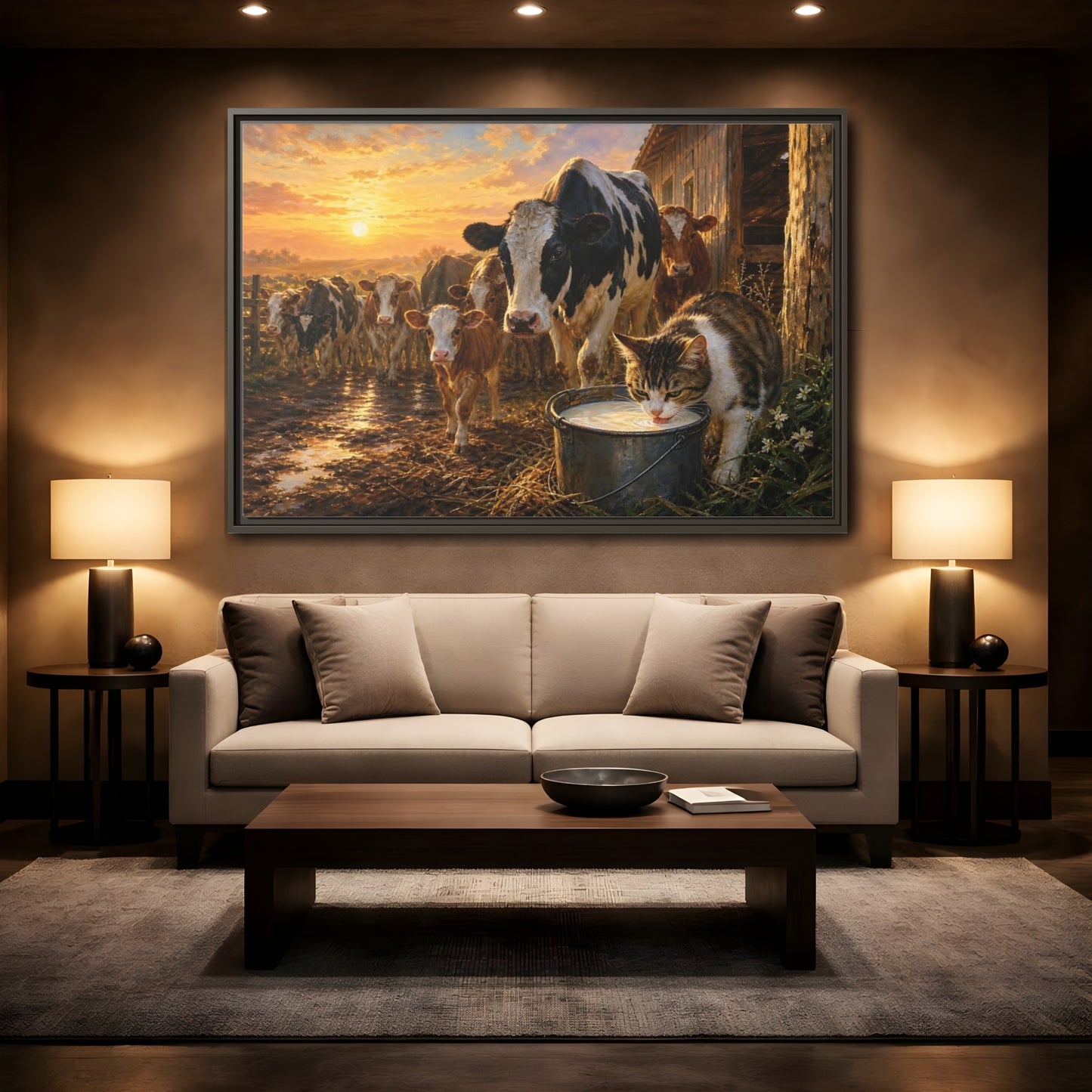 Mockup 2. Animals Cows And Cat Golden Farm Animals shown as stretched canvas wall art