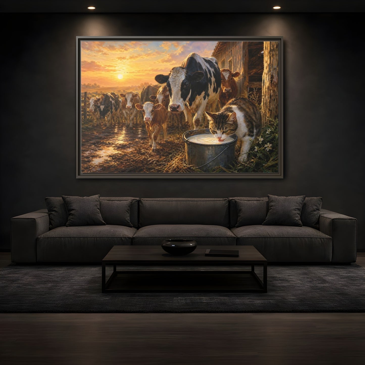 Mockup 3. Animals Cows And Cat Golden Farm Animals shown as stretched canvas wall art