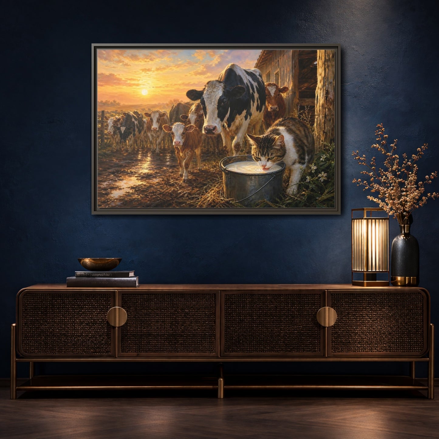 Mockup 4. Animals Cows And Cat Golden Farm Animals shown as stretched canvas wall art