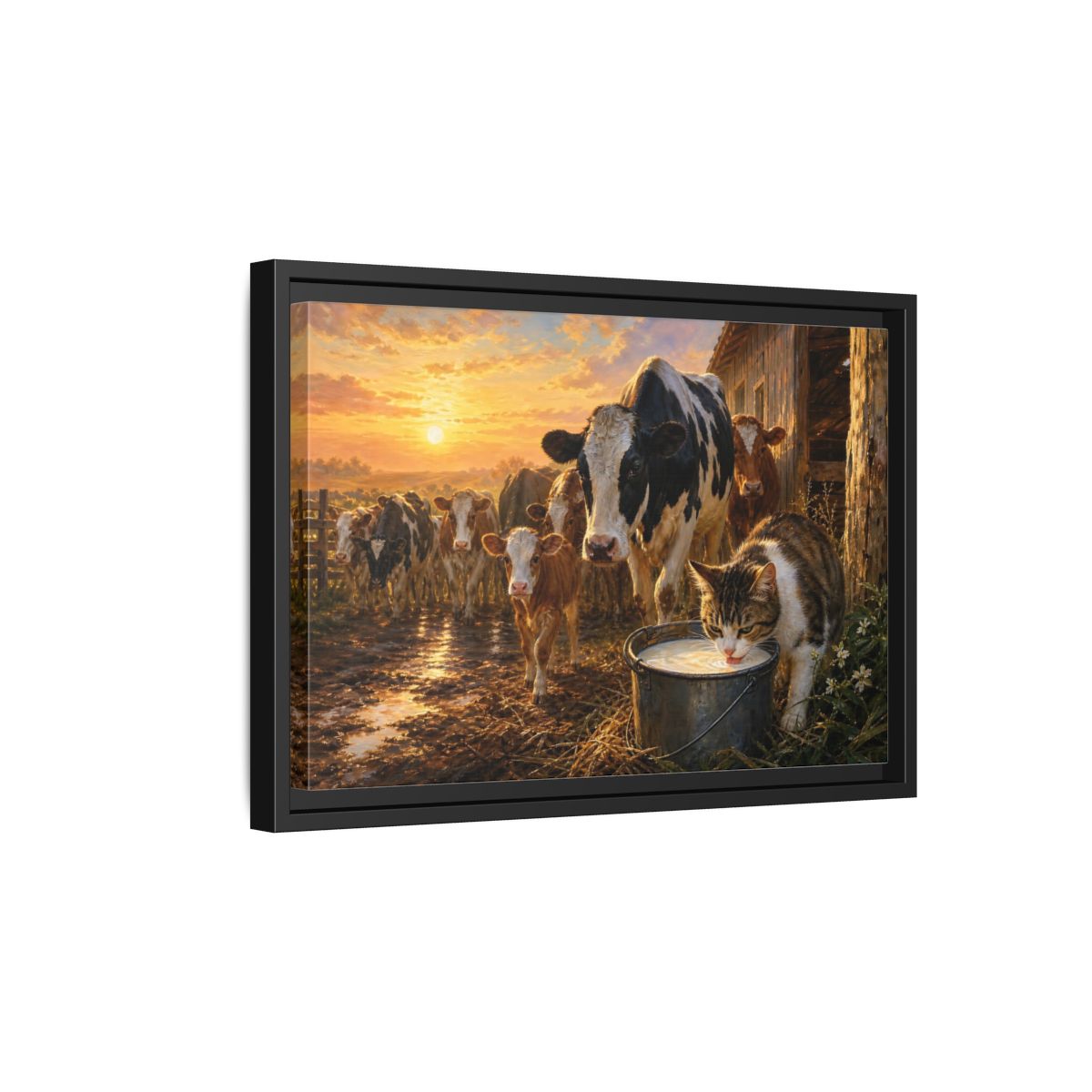 Side Mockup 6. Animals Cows And Cat Golden Farm Animals shown as stretched canvas wall art