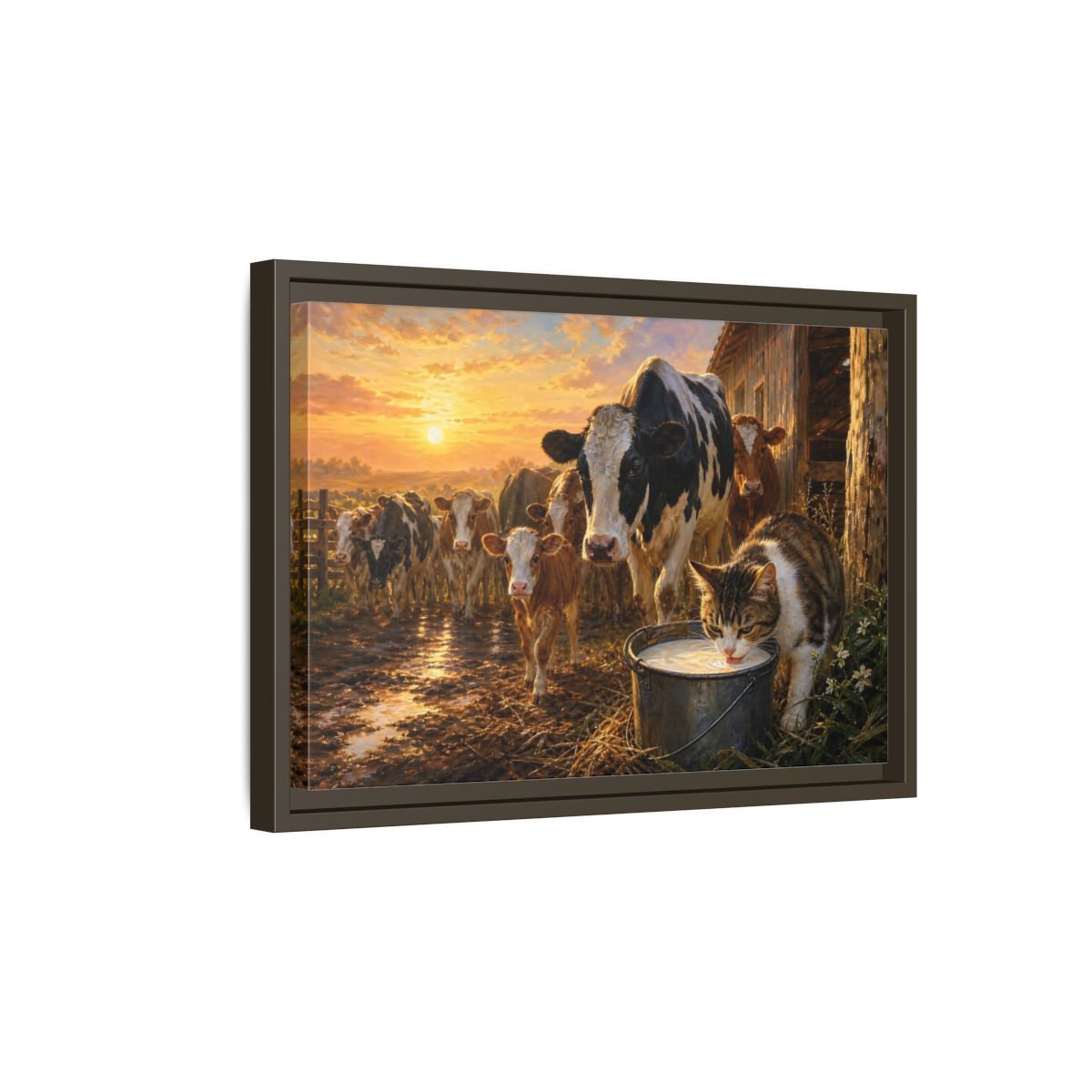 Side Mockup 5. Animals Cows And Cat Golden Farm Animals shown as stretched canvas wall art