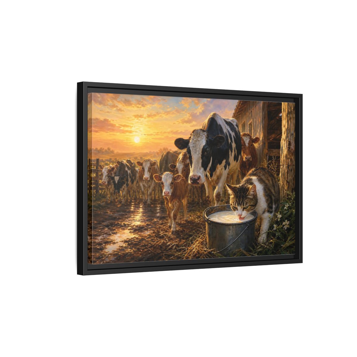 Side Mockup 3. Animals Cows And Cat Golden Farm Animals shown as stretched canvas wall art