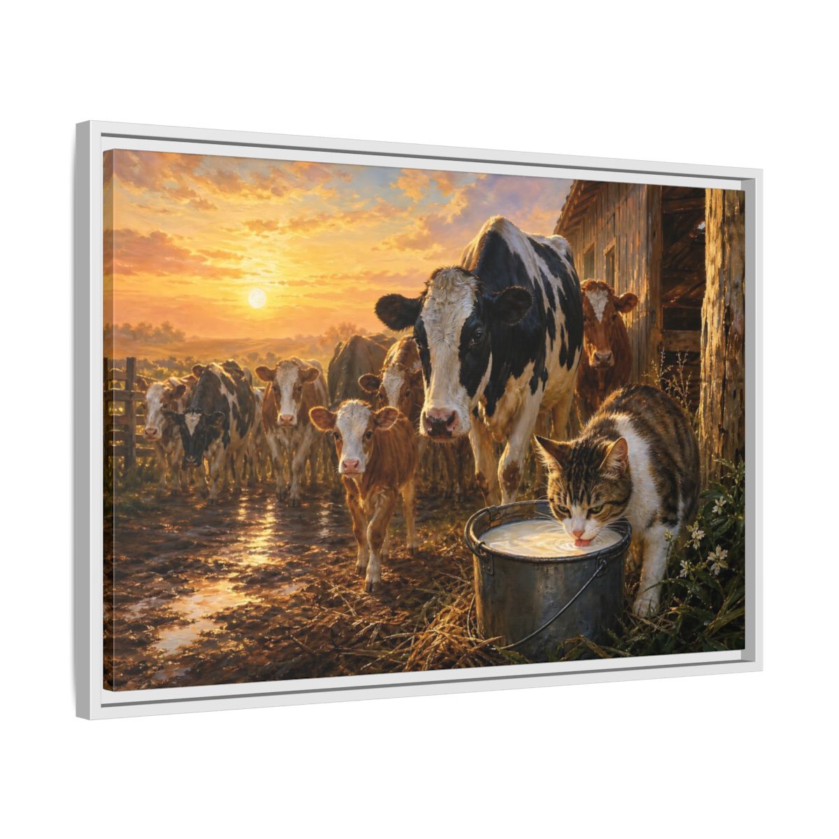 Side Mockup 10. Animals Cows And Cat Golden Farm Animals shown as stretched canvas wall art