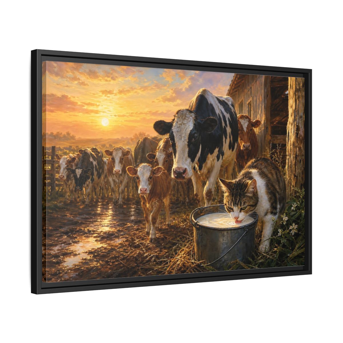 Side Mockup 14. Animals Cows And Cat Golden Farm Animals shown as stretched canvas wall art