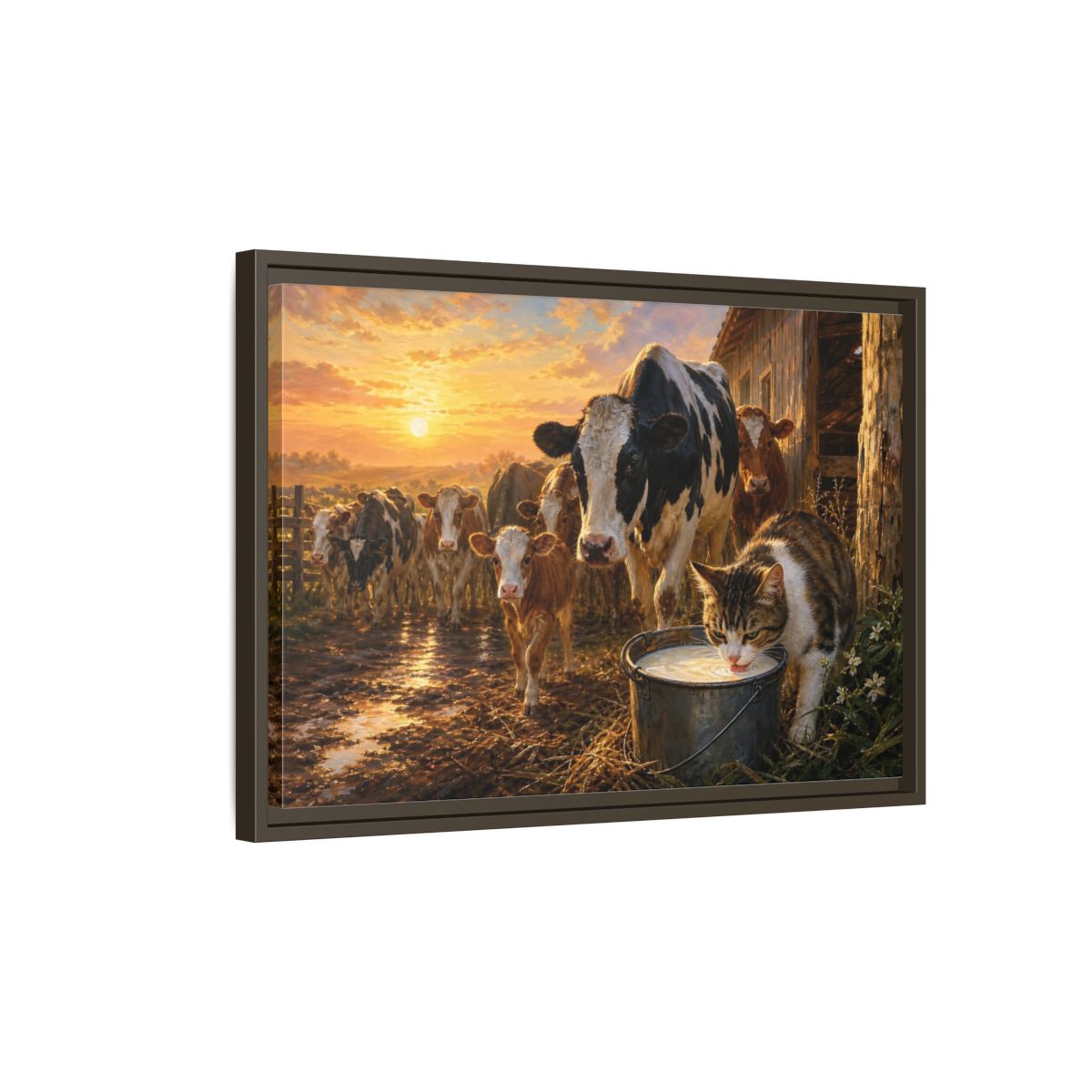 Side Mockup 2. Animals Cows And Cat Golden Farm Animals shown as stretched canvas wall art