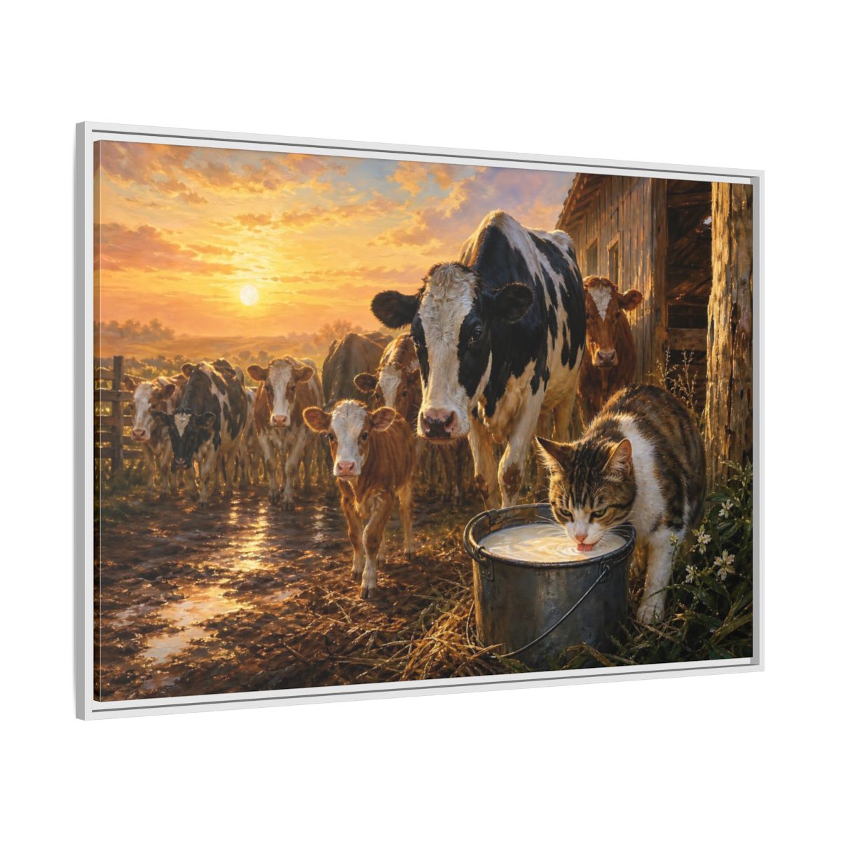 Side Mockup 7. Animals Cows And Cat Golden Farm Animals shown as stretched canvas wall art