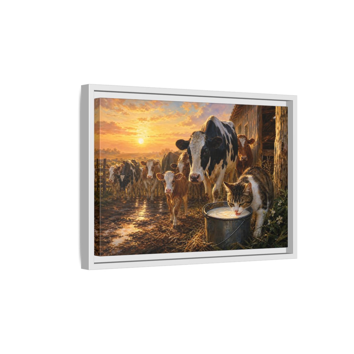 Side Mockup 4. Animals Cows And Cat Golden Farm Animals shown as stretched canvas wall art