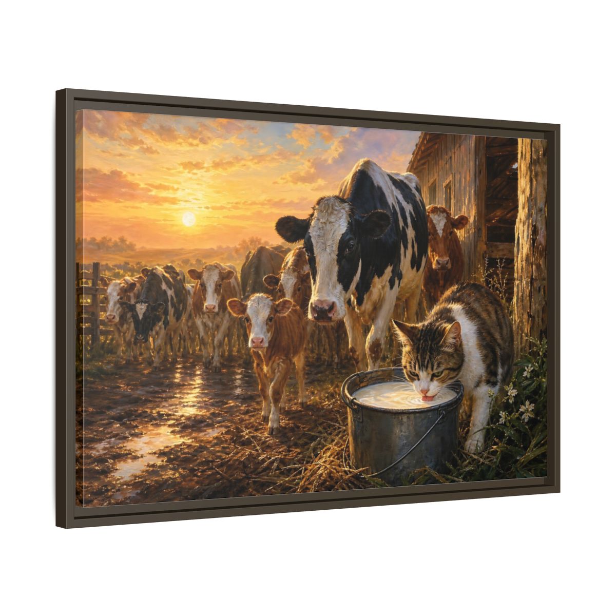 Side Mockup 11. Animals Cows And Cat Golden Farm Animals shown as stretched canvas wall art
