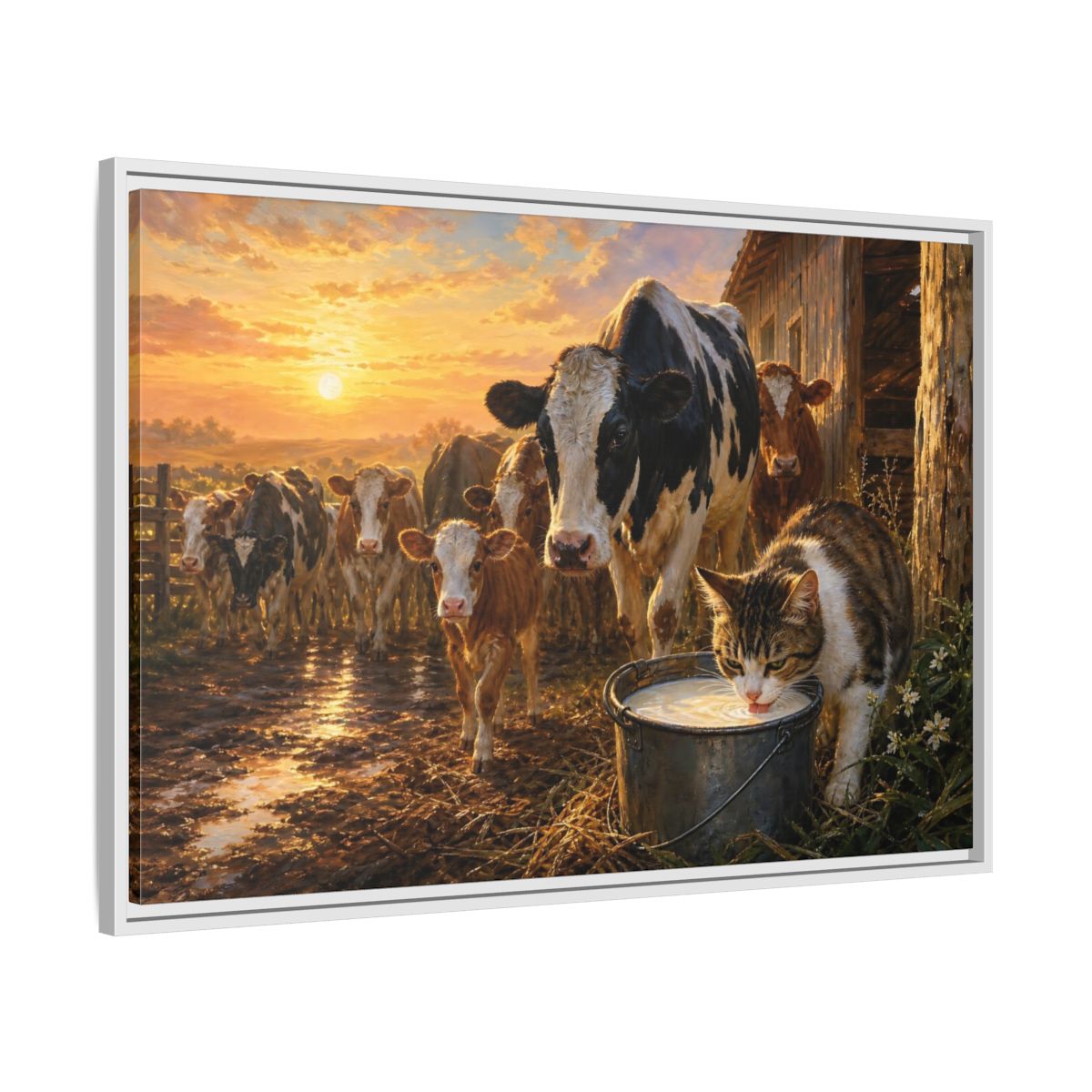 Side Mockup 9. Animals Cows And Cat Golden Farm Animals shown as stretched canvas wall art