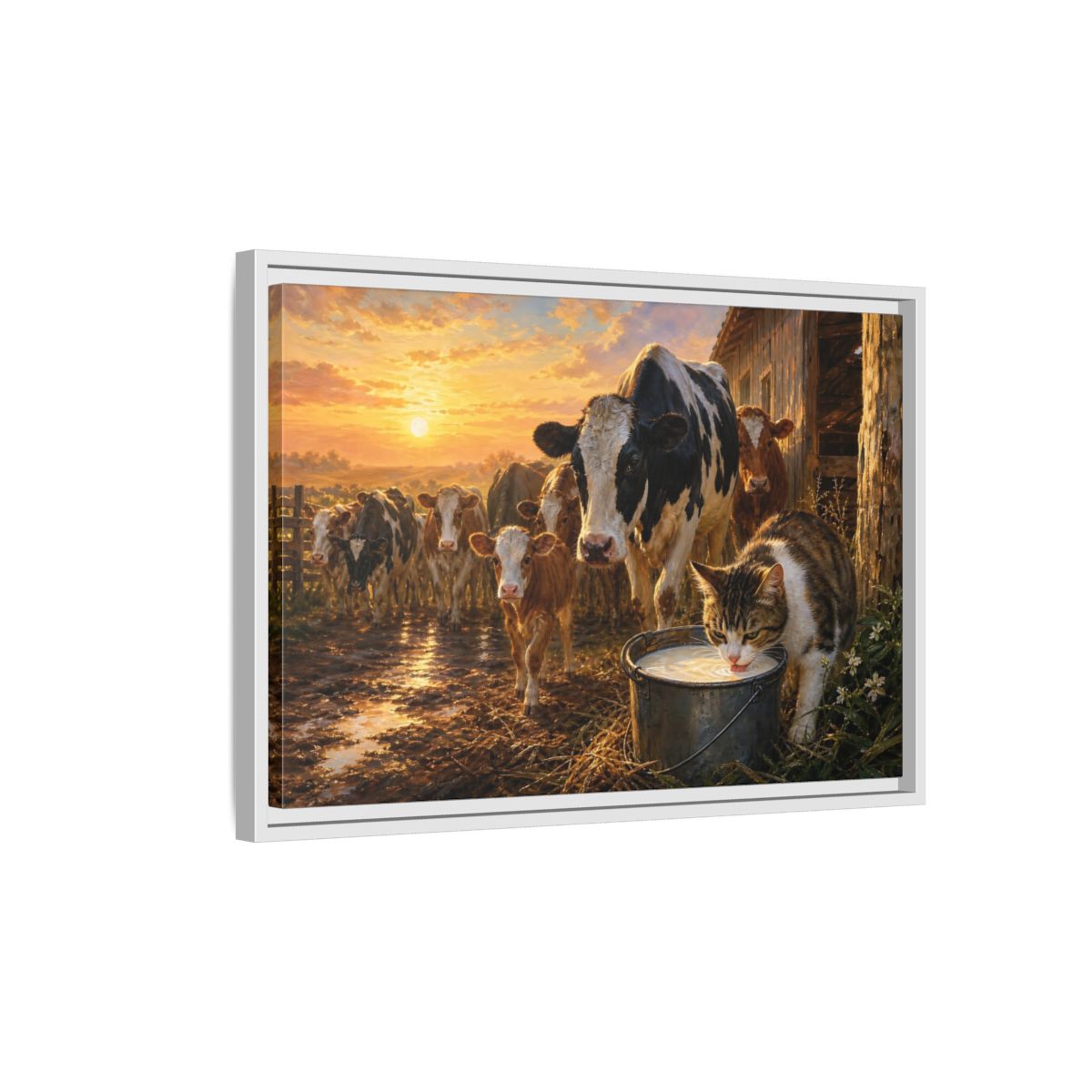 Side Mockup 1. Animals Cows And Cat Golden Farm Animals shown as stretched canvas wall art