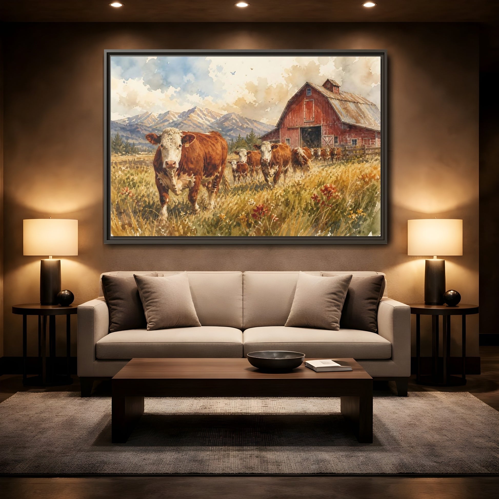 Mockup 2. Animals Cows Brown Cow Farm shown as stretched canvas wall art