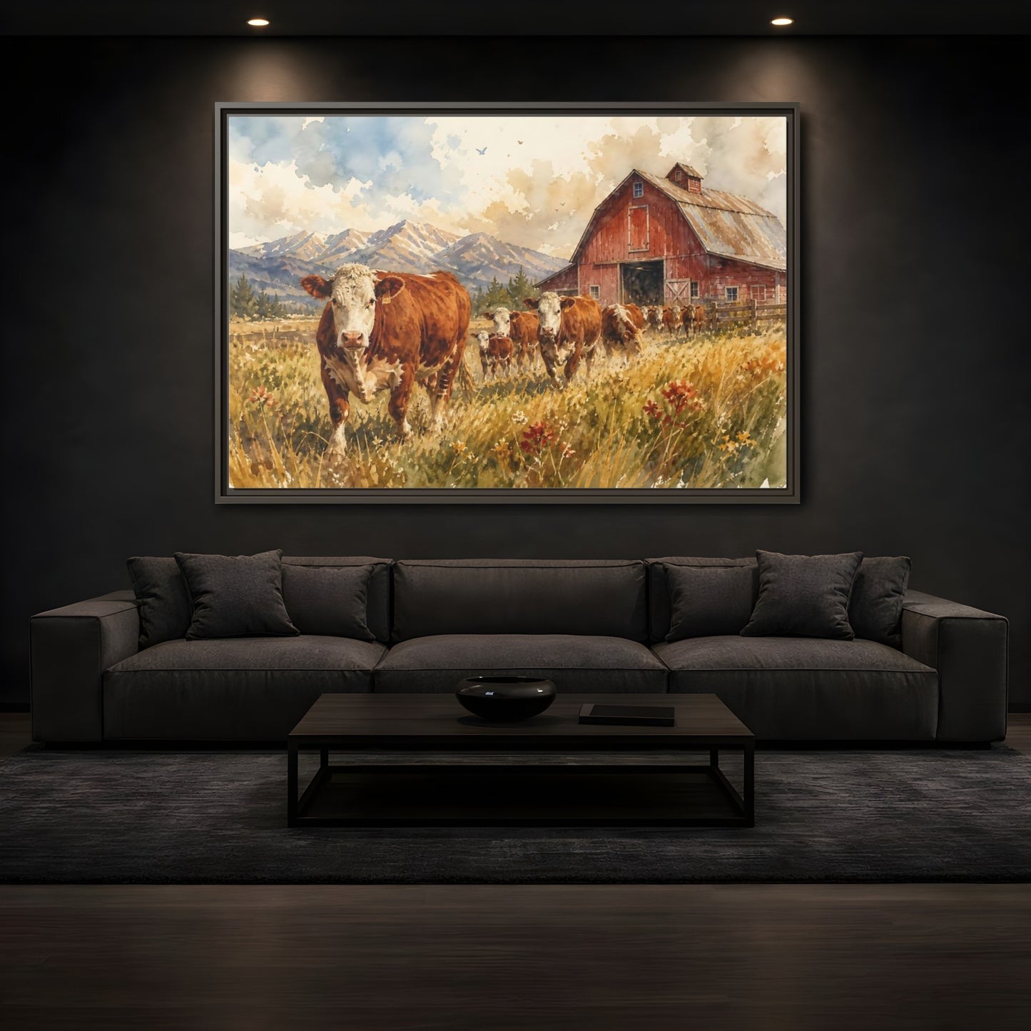 Mockup 3. Animals Cows Brown Cow Farm shown as stretched canvas wall art