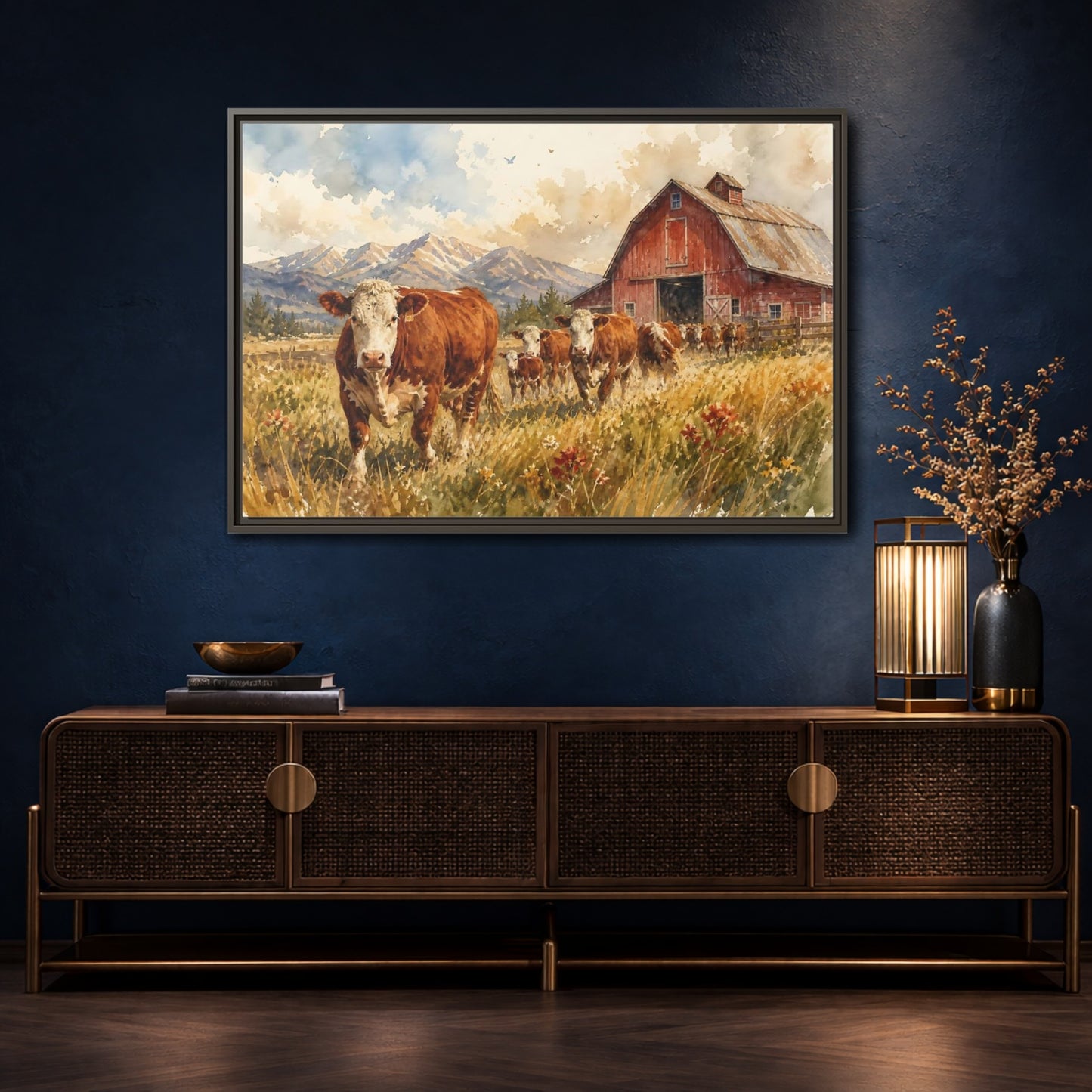 Mockup 4. Animals Cows Brown Cow Farm shown as stretched canvas wall art