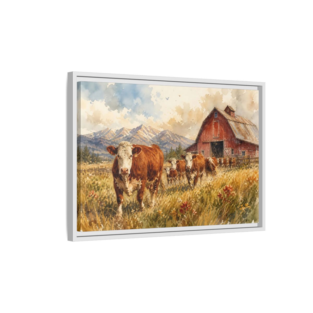 Side Mockup 1. Animals Cows Brown Cow Farm shown as stretched canvas wall art