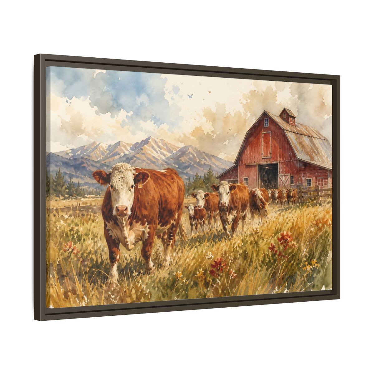 Side Mockup 11. Animals Cows Brown Cow Farm shown as stretched canvas wall art