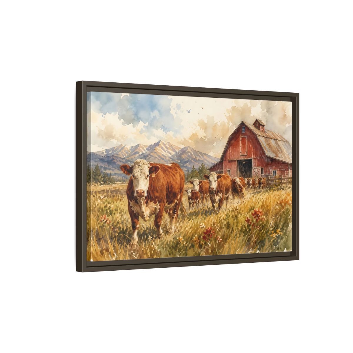 Side Mockup 2. Animals Cows Brown Cow Farm shown as stretched canvas wall art