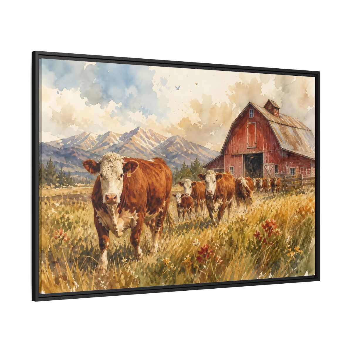 Side Mockup 12. Animals Cows Brown Cow Farm shown as stretched canvas wall art