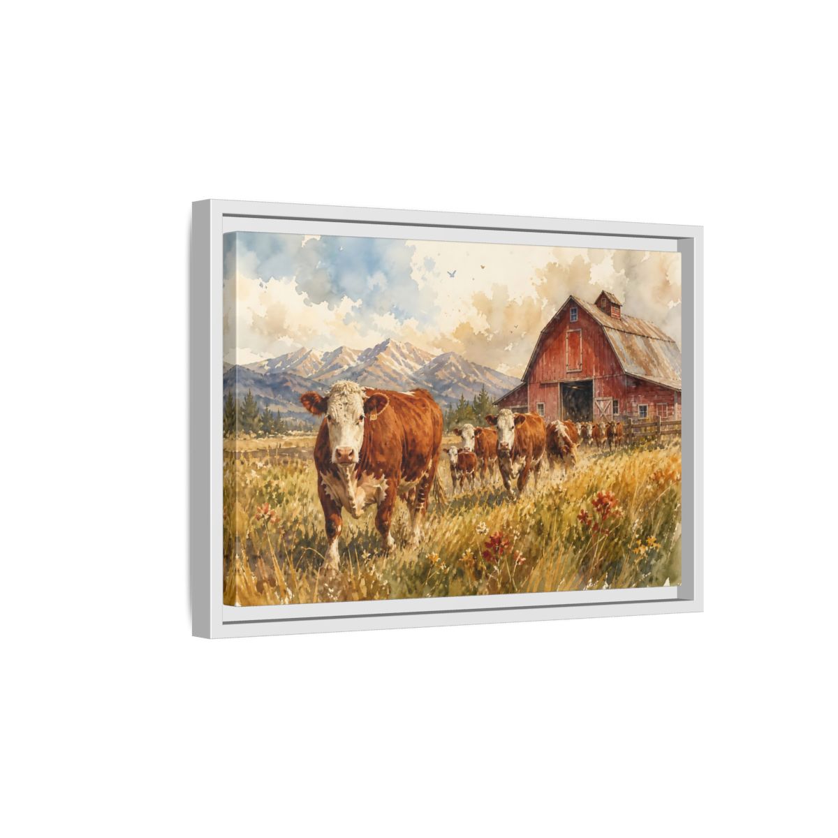 Side Mockup 4. Animals Cows Brown Cow Farm shown as stretched canvas wall art