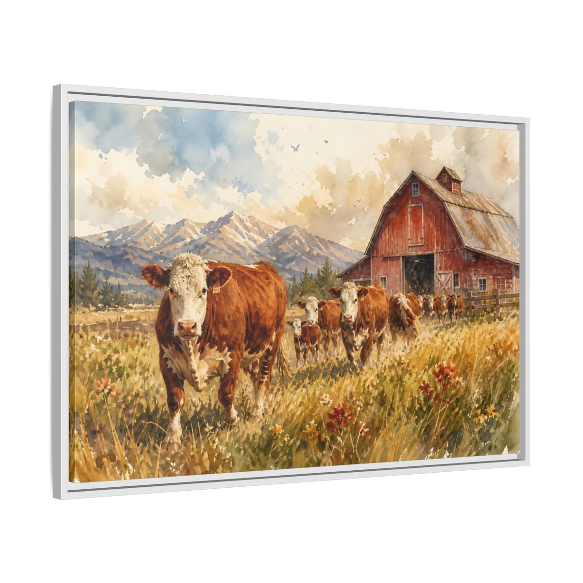 Side Mockup 9. Animals Cows Brown Cow Farm shown as stretched canvas wall art