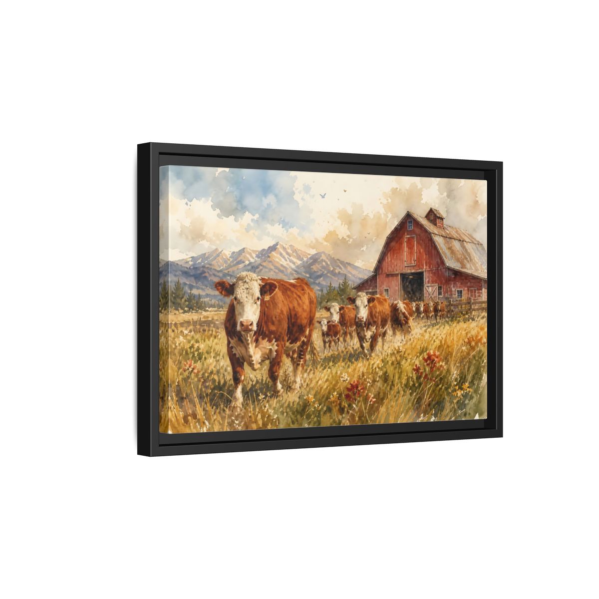 Side Mockup 6. Animals Cows Brown Cow Farm shown as stretched canvas wall art