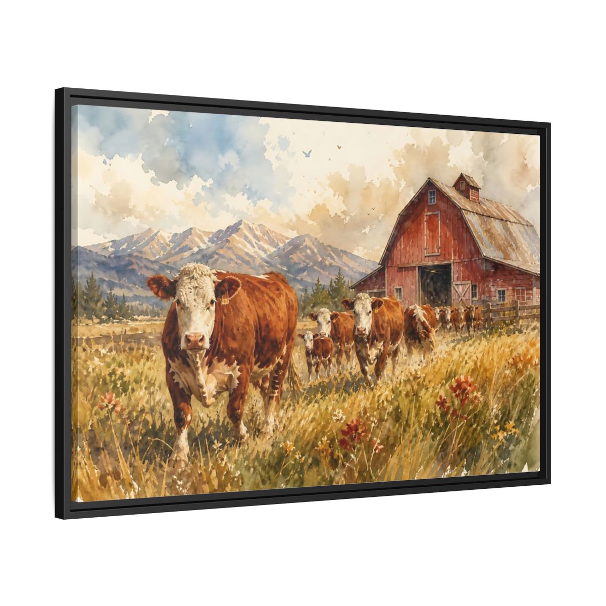 Side Mockup 13. Animals Cows Brown Cow Farm shown as stretched canvas wall art