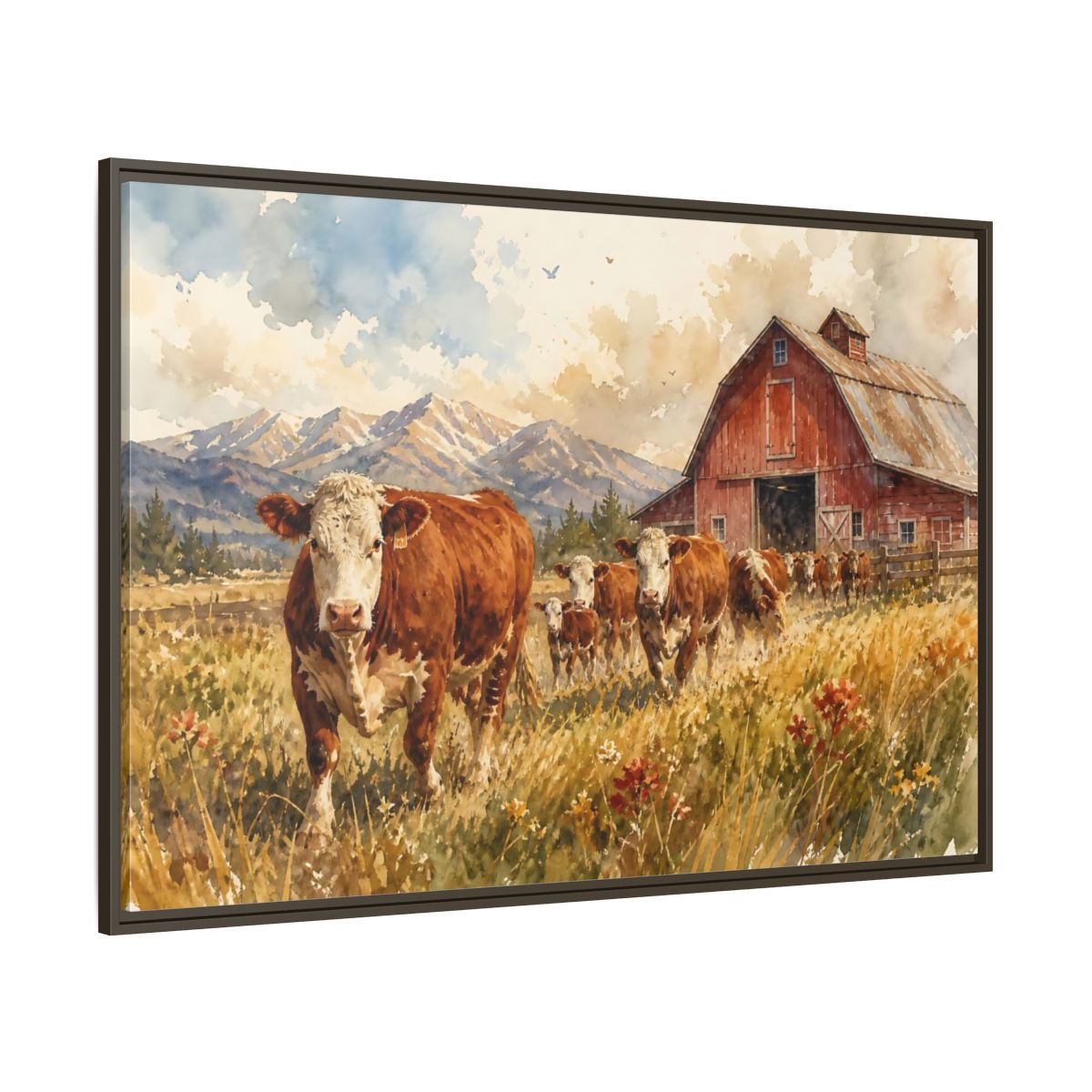 Side Mockup 8. Animals Cows Brown Cow Farm shown as stretched canvas wall art