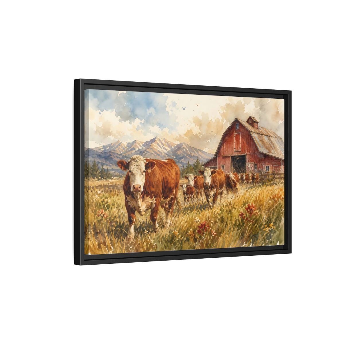 Side Mockup 3. Animals Cows Brown Cow Farm shown as stretched canvas wall art