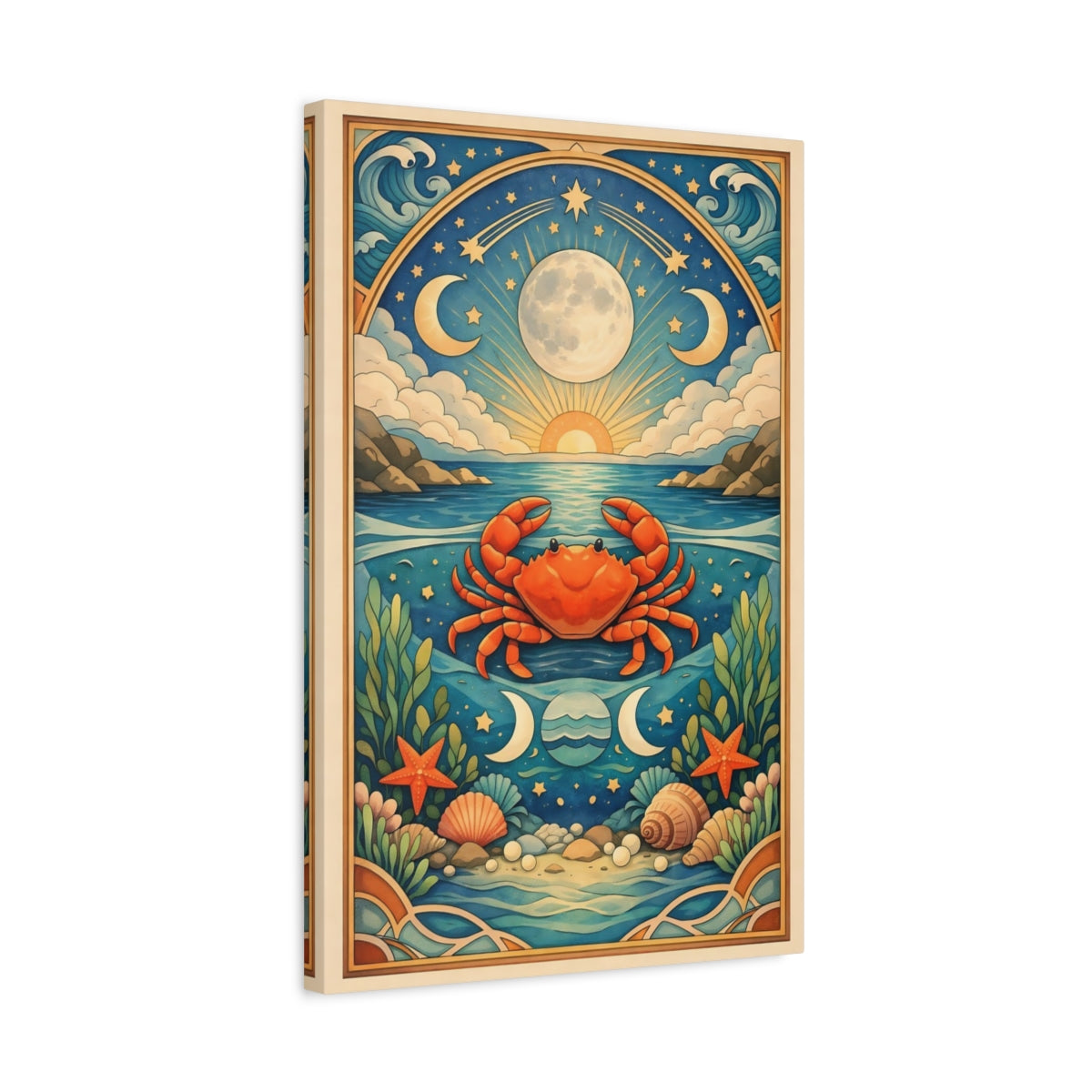 Side Mockup 3. Animals Crab Blue And Orange shown as stretched canvas wall art